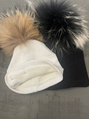 Ribbed Pom-Pom Hat with Fur